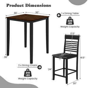 3-Piece Counter-Height Dining Table Set for 2 with Rubber Wood Frame and Footrest-Black
