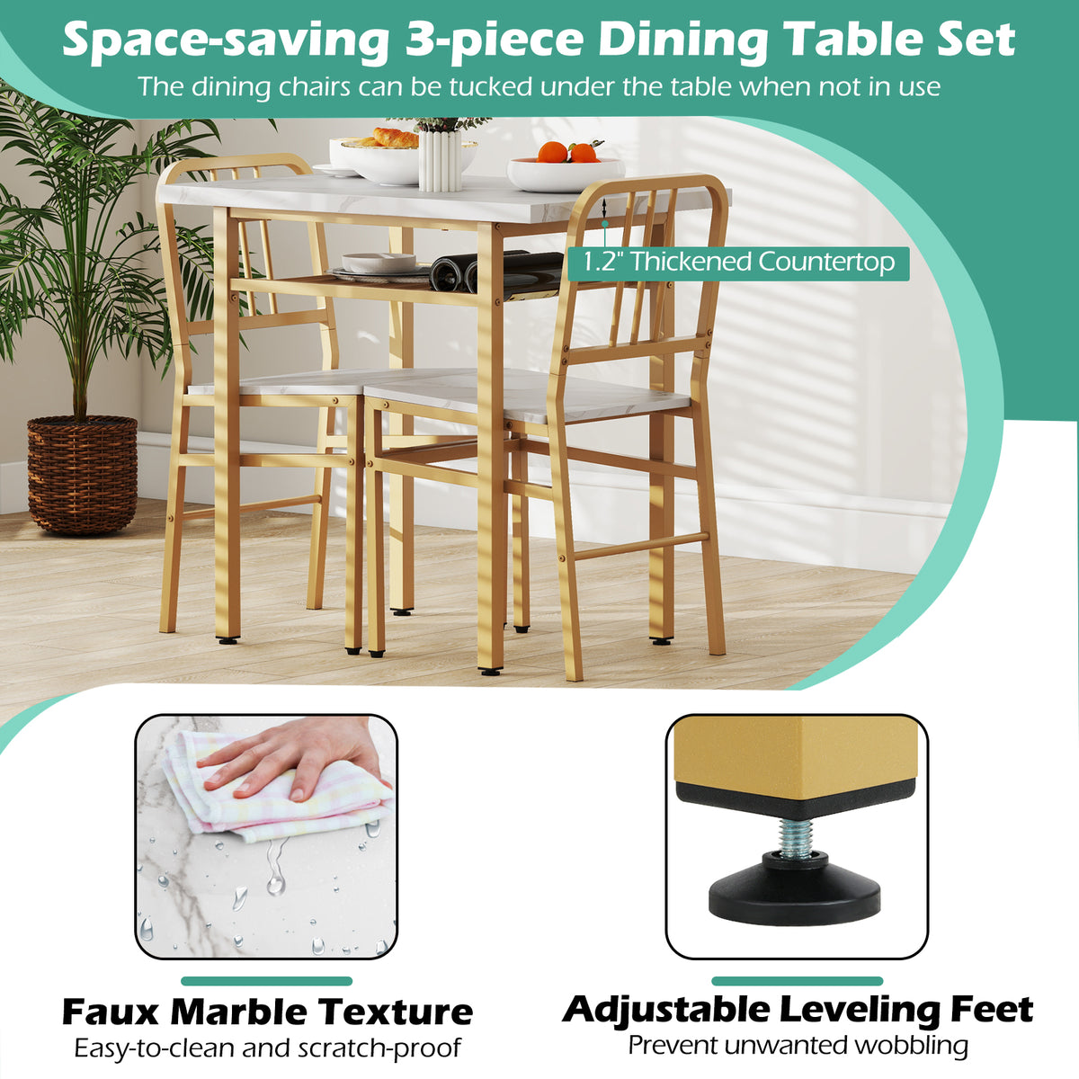 3-Piece Dining Table Set with Rectangular Kitchen Table and 2 Chairs-White