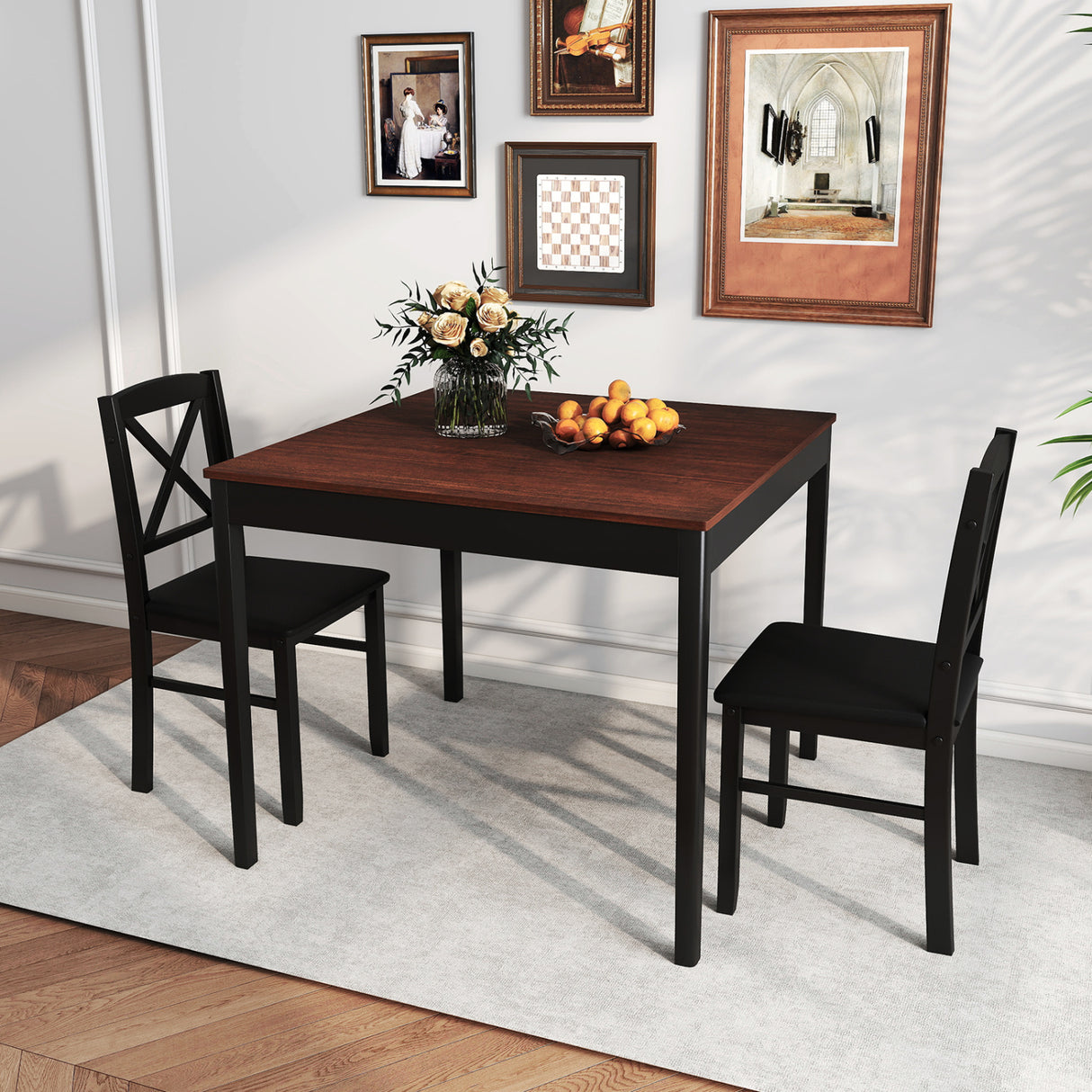 3-Piece Dining Table Set Wooden Square Kitchen Table for 2 People-Brown