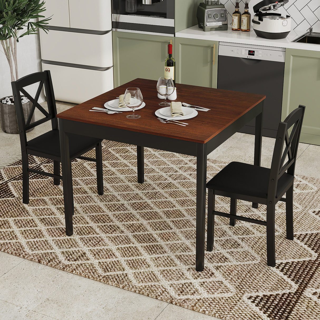 3-Piece Dining Table Set Wooden Square Kitchen Table for 2 People-Brown