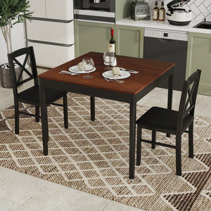 3-Piece Dining Table Set Wooden Square Kitchen Table for 2 People-Brown