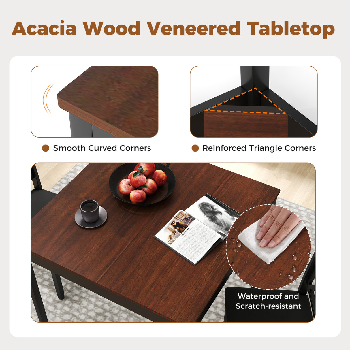 3-Piece Dining Table Set Wooden Square Kitchen Table for 2 People-Brown