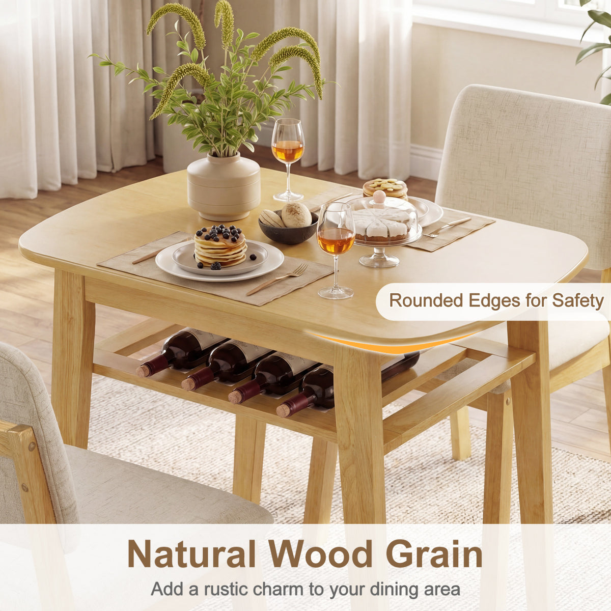3-Piece Dining Table Set for 2 with Upholstered Chairs-Natural