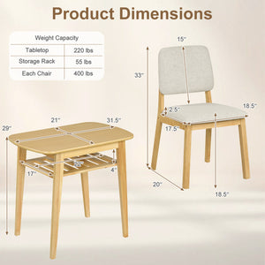 3-Piece Dining Table Set for 2 with Upholstered Chairs-Natural