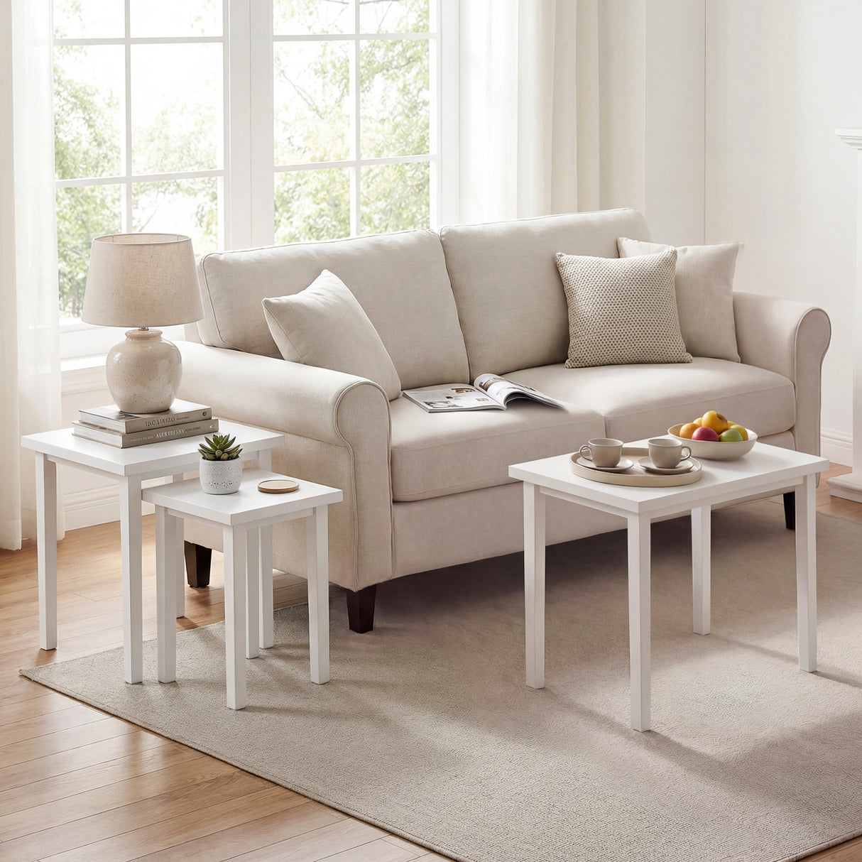 3-Piece Farmhouse Rectangle Side Table Set for Living Room-White