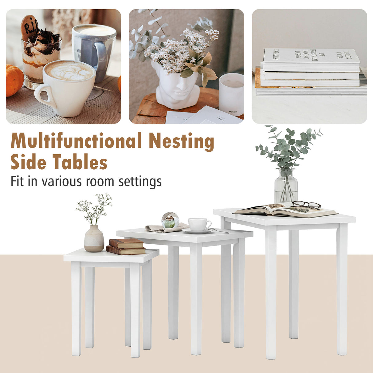 3-Piece Farmhouse Rectangle Side Table Set for Living Room-White