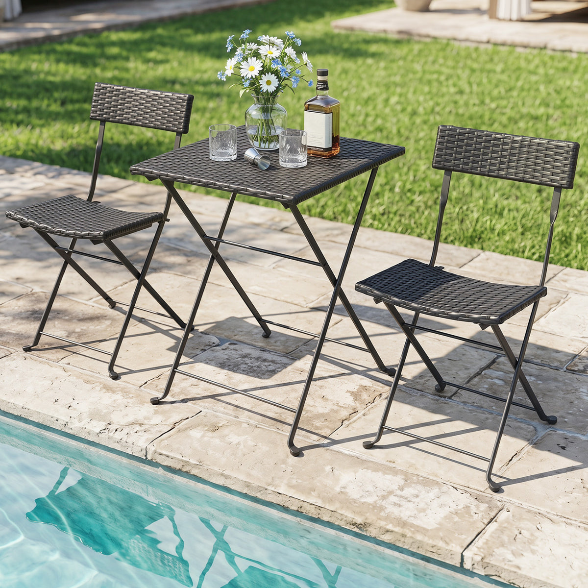 3-Piece Folding Bistro Set with PE Wicker and X-Shaped Metal Frame-Black