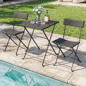 3-Piece Folding Bistro Set with PE Wicker and X-Shaped Metal Frame-Black