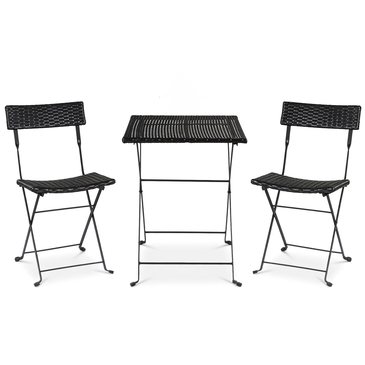 3-Piece Folding Bistro Set with PE Wicker and X-Shaped Metal Frame-Black