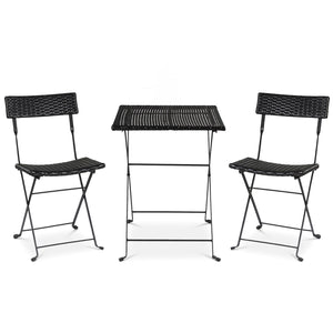 3-Piece Folding Bistro Set with PE Wicker and X-Shaped Metal Frame-Black