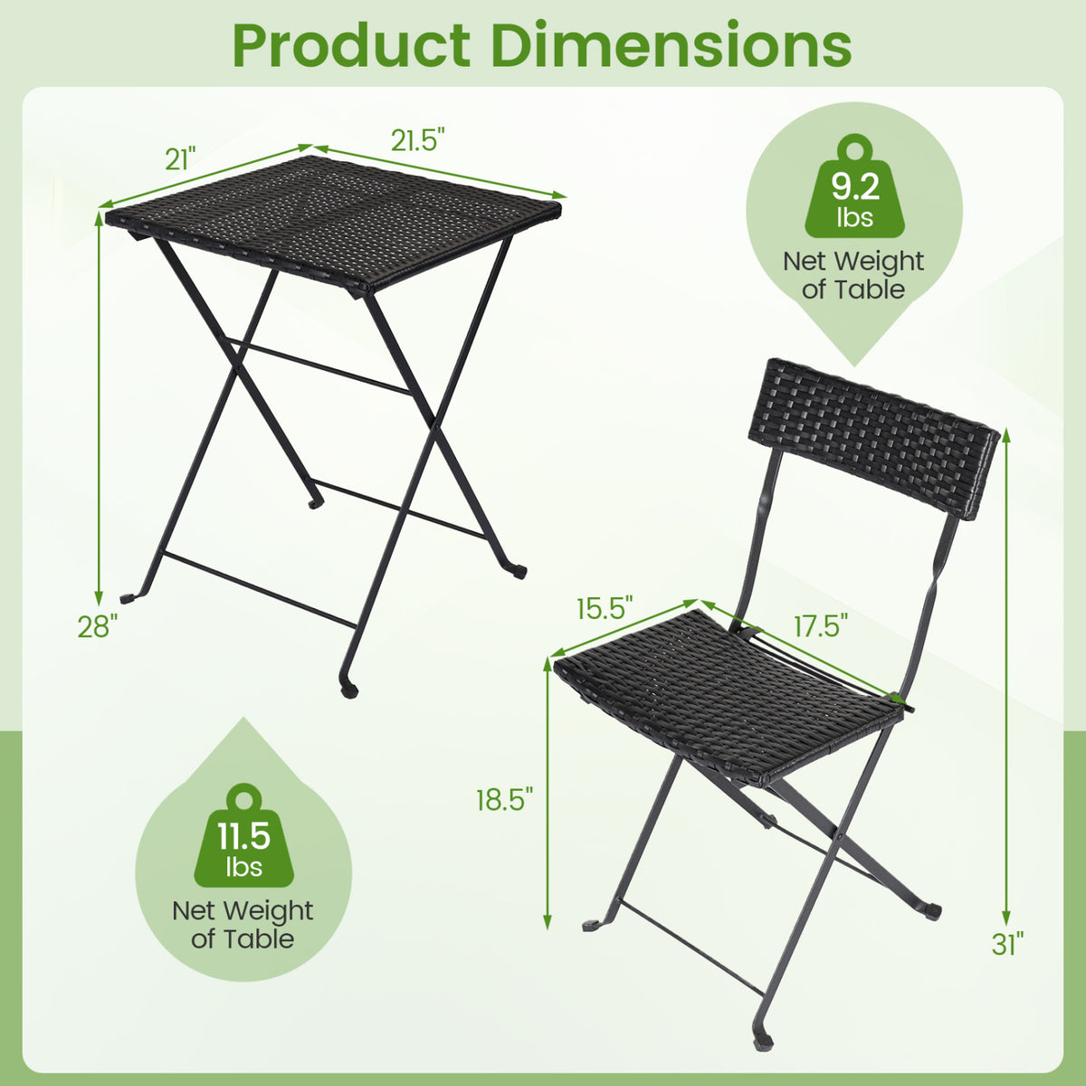 3-Piece Folding Bistro Set with PE Wicker and X-Shaped Metal Frame-Black