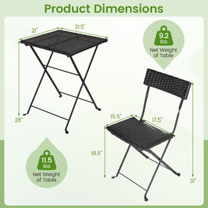 3-Piece Folding Bistro Set with PE Wicker and X-Shaped Metal Frame-Black