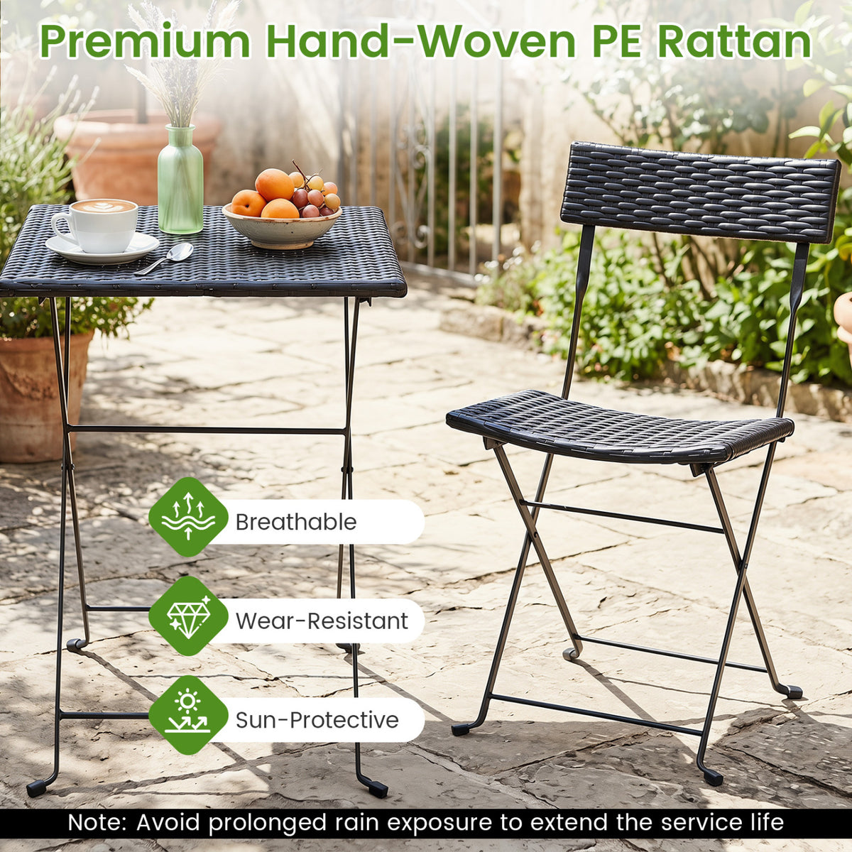 3-Piece Folding Bistro Set with PE Wicker and X-Shaped Metal Frame-Black