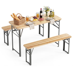 3-Piece Folding Picnic Table with Benches Fir Wood Portable Bear Camping SET-Natural