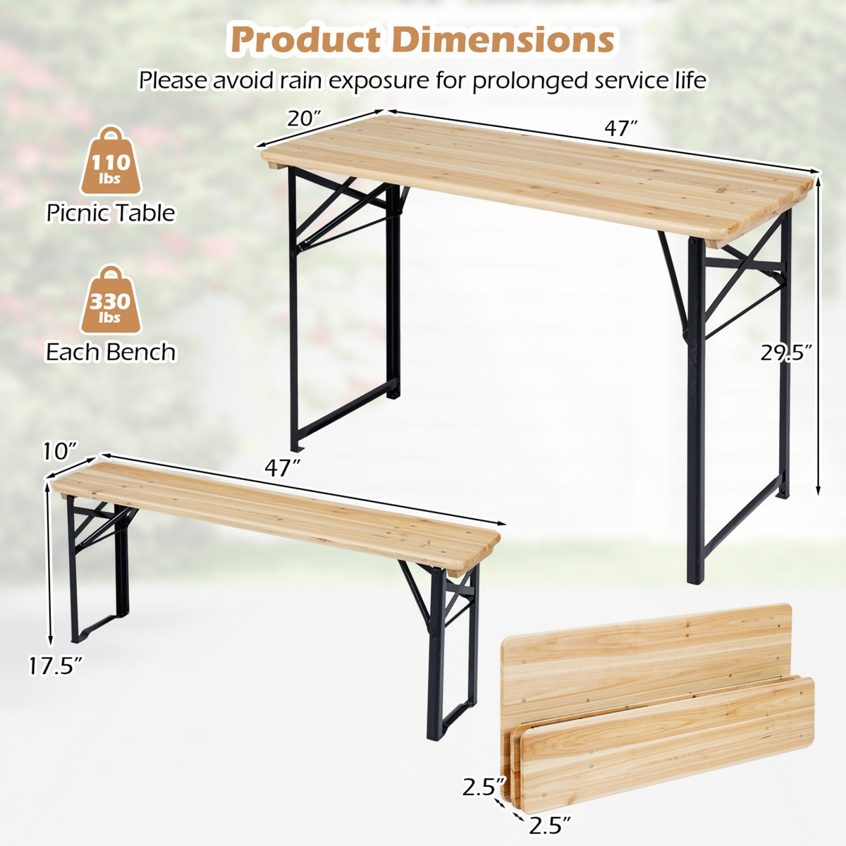 3-Piece Folding Picnic Table with Benches Fir Wood Portable Bear Camping SET-Natural