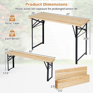3-Piece Folding Picnic Table with Benches Fir Wood Portable Bear Camping SET-Natural
