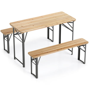 3-Piece Folding Picnic Table with Benches Fir Wood Portable Bear Camping SET-Natural