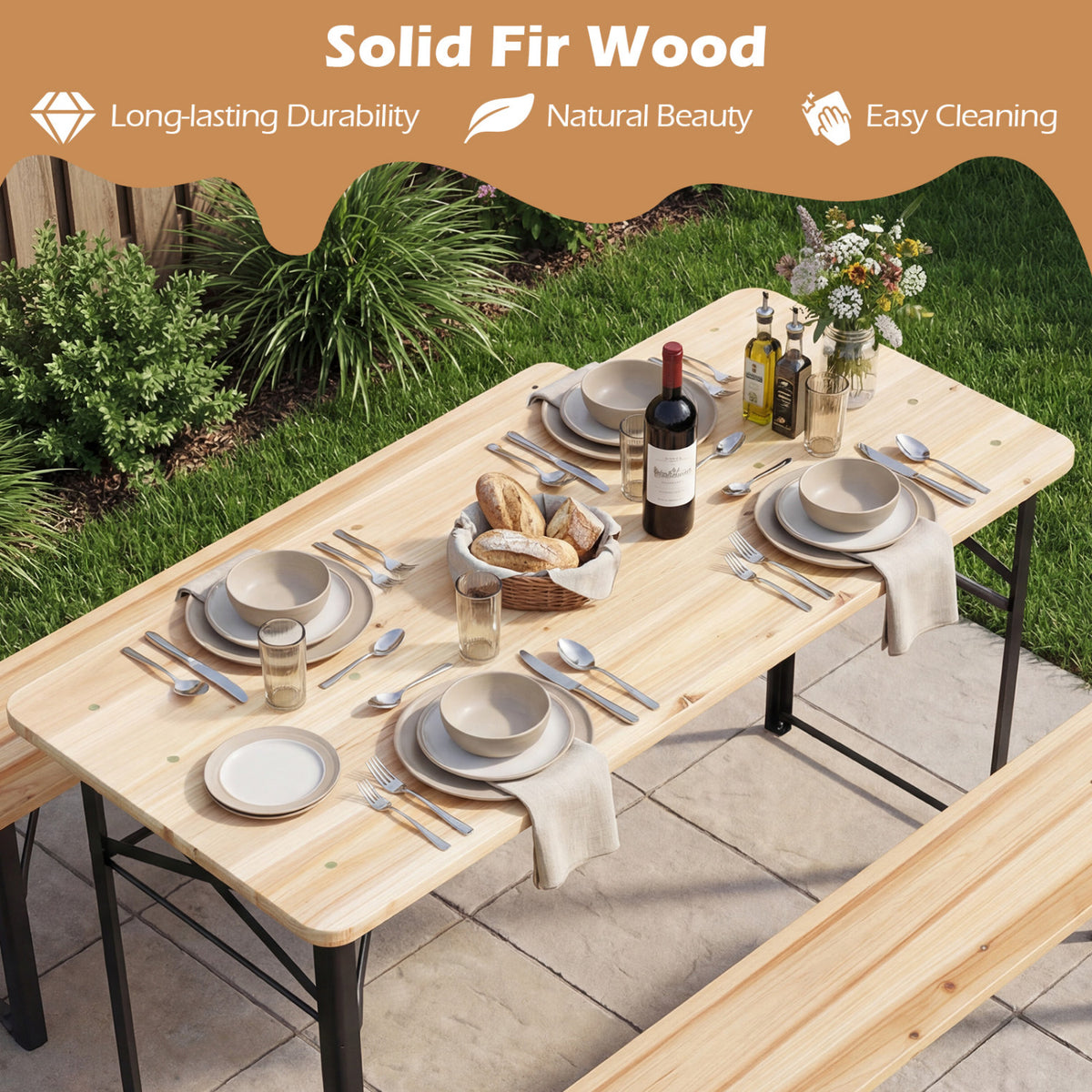 3-Piece Folding Picnic Table with Benches Fir Wood Portable Bear Camping SET-Natural