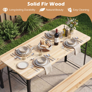 3-Piece Folding Picnic Table with Benches Fir Wood Portable Bear Camping SET-Natural