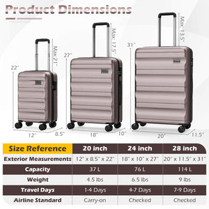 3-Piece Hardside Luggage Set 20/24/28 Inch Lightweight Hardside Suitcases-Pink