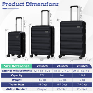 3-Piece Hardside Luggage Set 20/24/28 Inch Lightweight Hardside Suitcases-Black