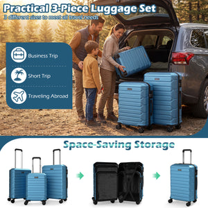 3-Piece Hardside Luggage Set Lightweight Hardside Suitcases with 8-Spinner Wheels-Blue