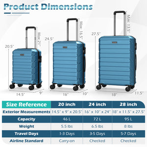 3-Piece Hardside Luggage Set Lightweight Hardside Suitcases with 8-Spinner Wheels-Blue