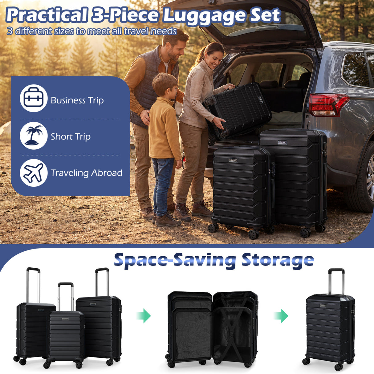 3-Piece Hardside Luggage Set Lightweight Hardside Suitcases with 8-Spinner Wheels-Black
