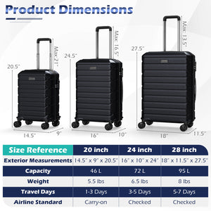 3-Piece Hardside Luggage Set Lightweight Hardside Suitcases with 8-Spinner Wheels-Black