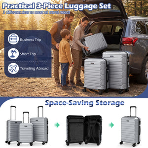 3-Piece Hardside Luggage Set Lightweight Hardside Suitcases with 8-Spinner Wheels-Grey