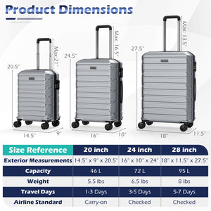 3-Piece Hardside Luggage Set Lightweight Hardside Suitcases with 8-Spinner Wheels-Grey
