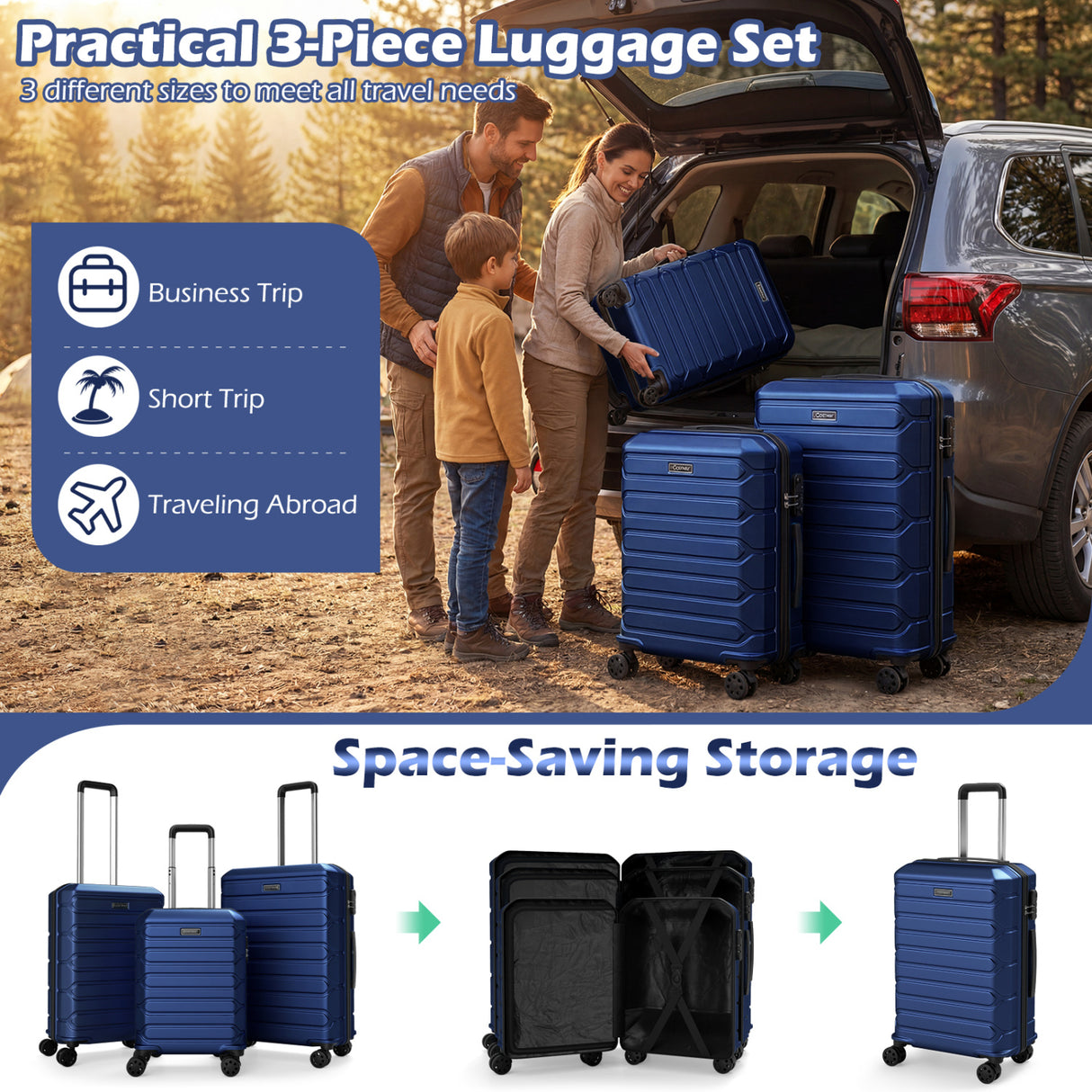 3-Piece Hardside Luggage Set Lightweight Hardside Suitcases with 8-Spinner Wheels-Navy