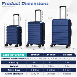 3-Piece Hardside Luggage Set Lightweight Hardside Suitcases with 8-Spinner Wheels-Navy