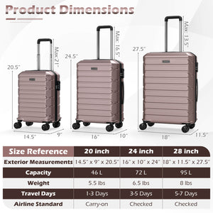 3-Piece Hardside Luggage Set Lightweight Hardside Suitcases with 8-Spinner Wheels-Pink