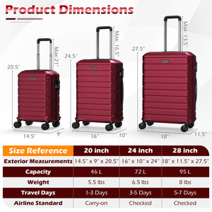 3-Piece Hardside Luggage Set Lightweight Hardside Suitcases with 8-Spinner Wheels-Red