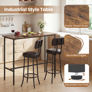 3-Piece Industrial Bar Table Set with 2 Upholstered Stools and Footrests for Dining Room-Rustic Brown