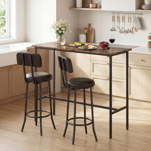 3-Piece Industrial Bar Table Set with 2 Upholstered Stools and Footrests for Dining Room-Rustic Brown