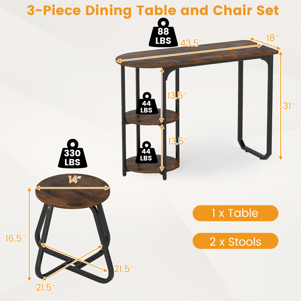 3-Piece Industrial Dining Table Set for Small Space-Rustic Brown