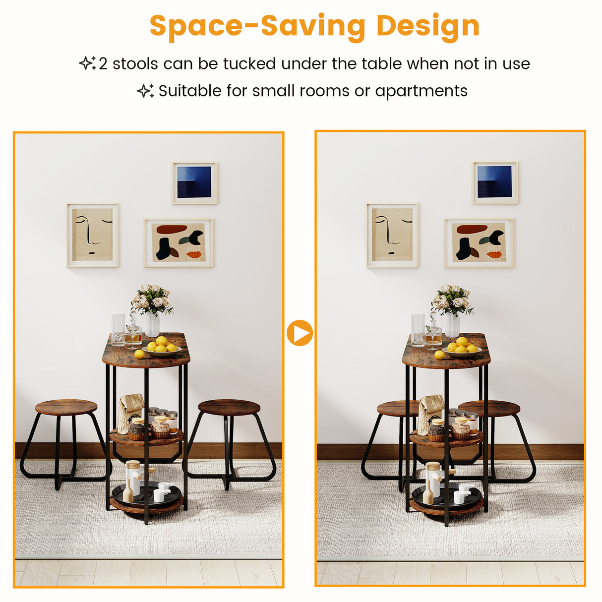 3-Piece Industrial Dining Table Set for Small Space-Rustic Brown