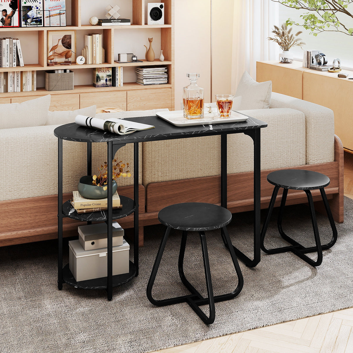 3-Piece Industrial Dining Table Set for Small Space-Black
