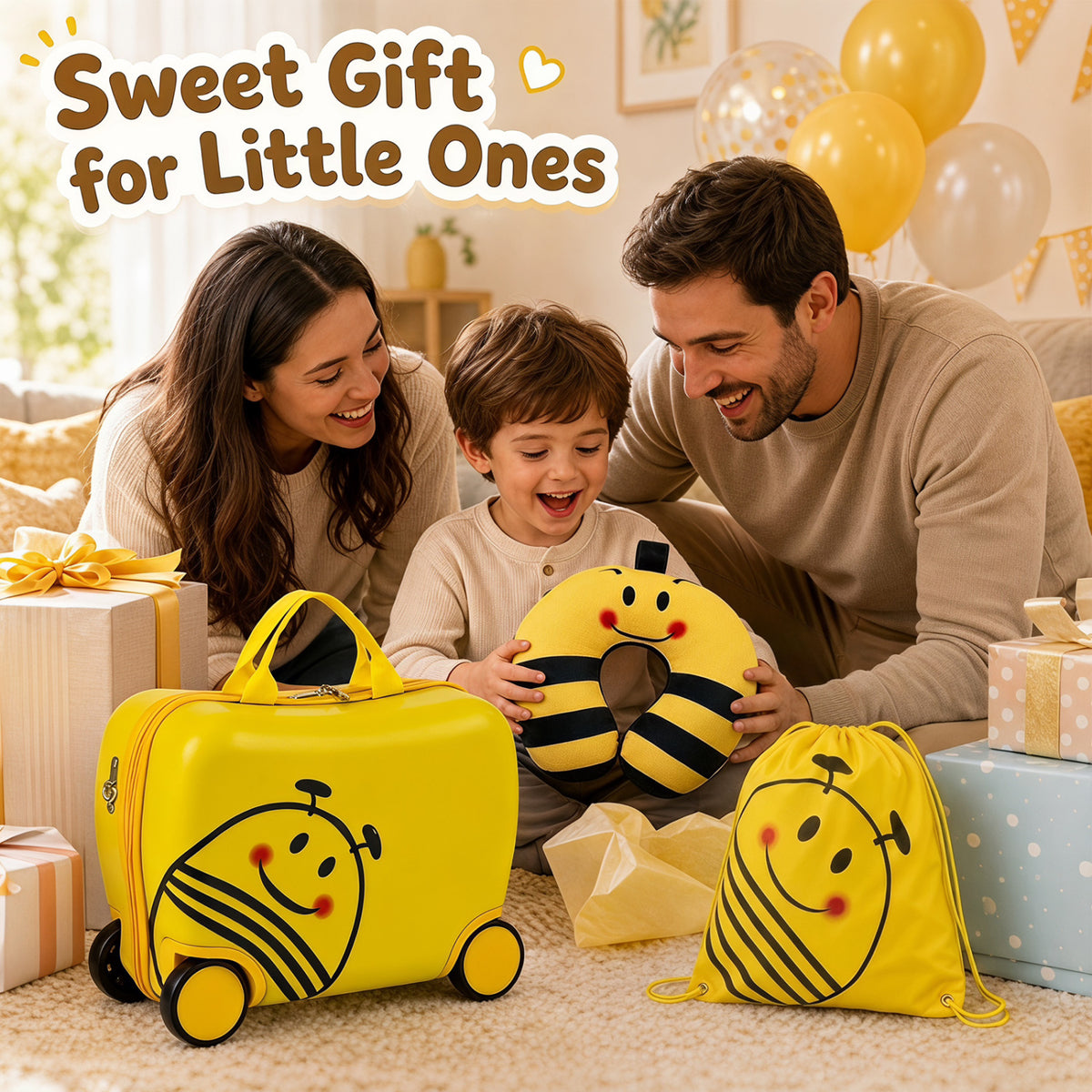 3-Piece Kids Carry-on Luggage Set with Headrest and Backpack for Travel-Yellow
