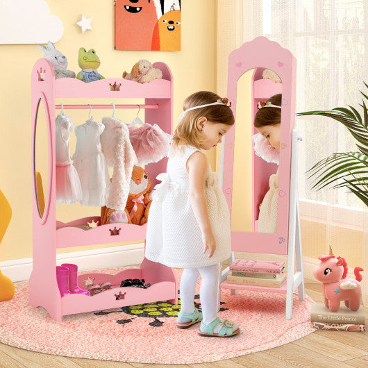 2 Pieces Kids Vanity Set and Jewelry Armoire Cabinet with Full-length Mirror-Pink