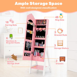 2 Pieces Kids Vanity Set and Jewelry Armoire Cabinet with Full-length Mirror-Pink