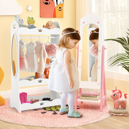 2 Pieces Kids Vanity Set and Jewelry Armoire Cabinet with Full-length Mirror-White
