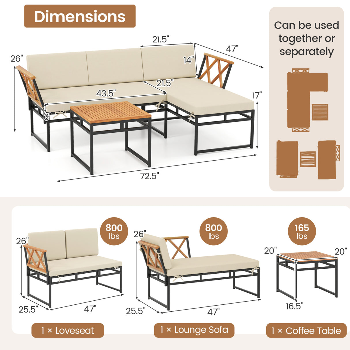3-Piece L-Shaped Patio Furniture Set for Porch Backyard and Poolside-Beige