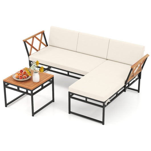 3-Piece L-Shaped Patio Furniture Set for Porch Backyard and Poolside-Beige