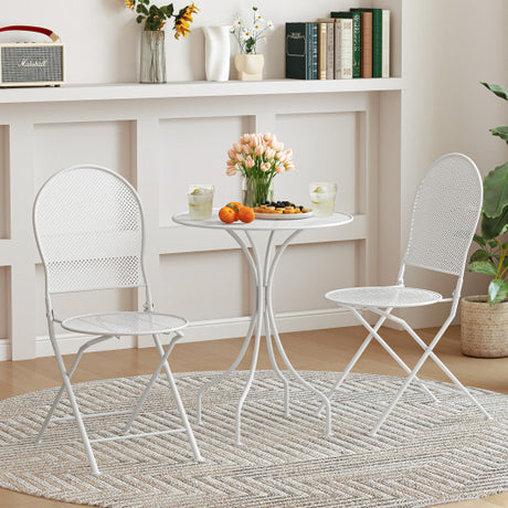 3 Piece Metal Bistro Patio Round Table and 2 Folding Chairs Set-White