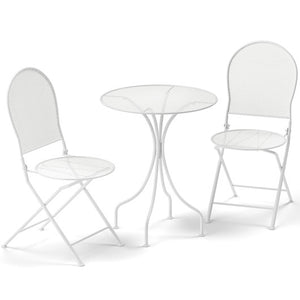 3 Piece Metal Bistro Patio Round Table and 2 Folding Chairs Set-White