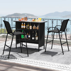 3 Piece Outdoor Bar Set with Footrest and 2-Tier Shelf-Black