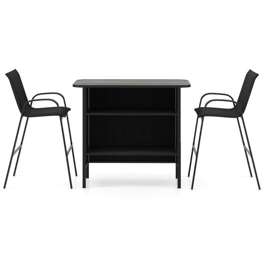3 Piece Outdoor Bar Set with Footrest and 2-Tier Shelf-Black